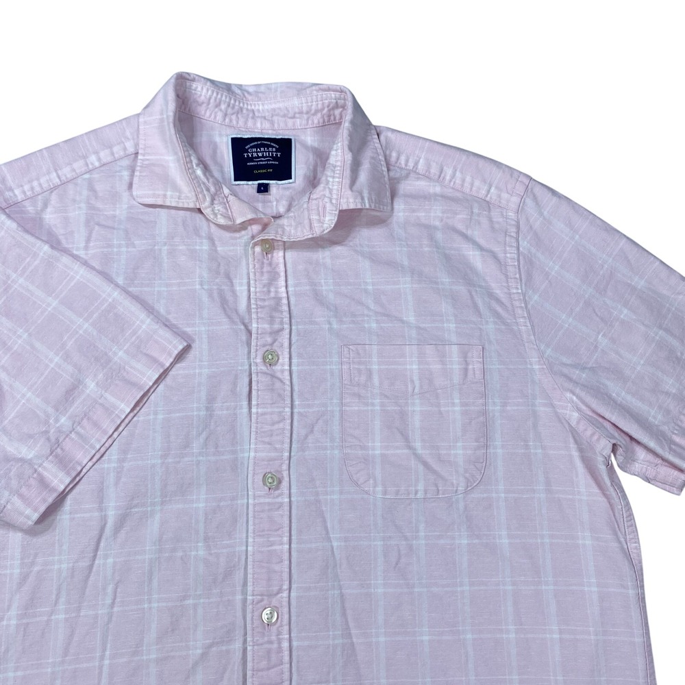 Charles Tyrwhitt Shirt Mens Large Pink Linen Blend Plaid Short Sleeve Button Up